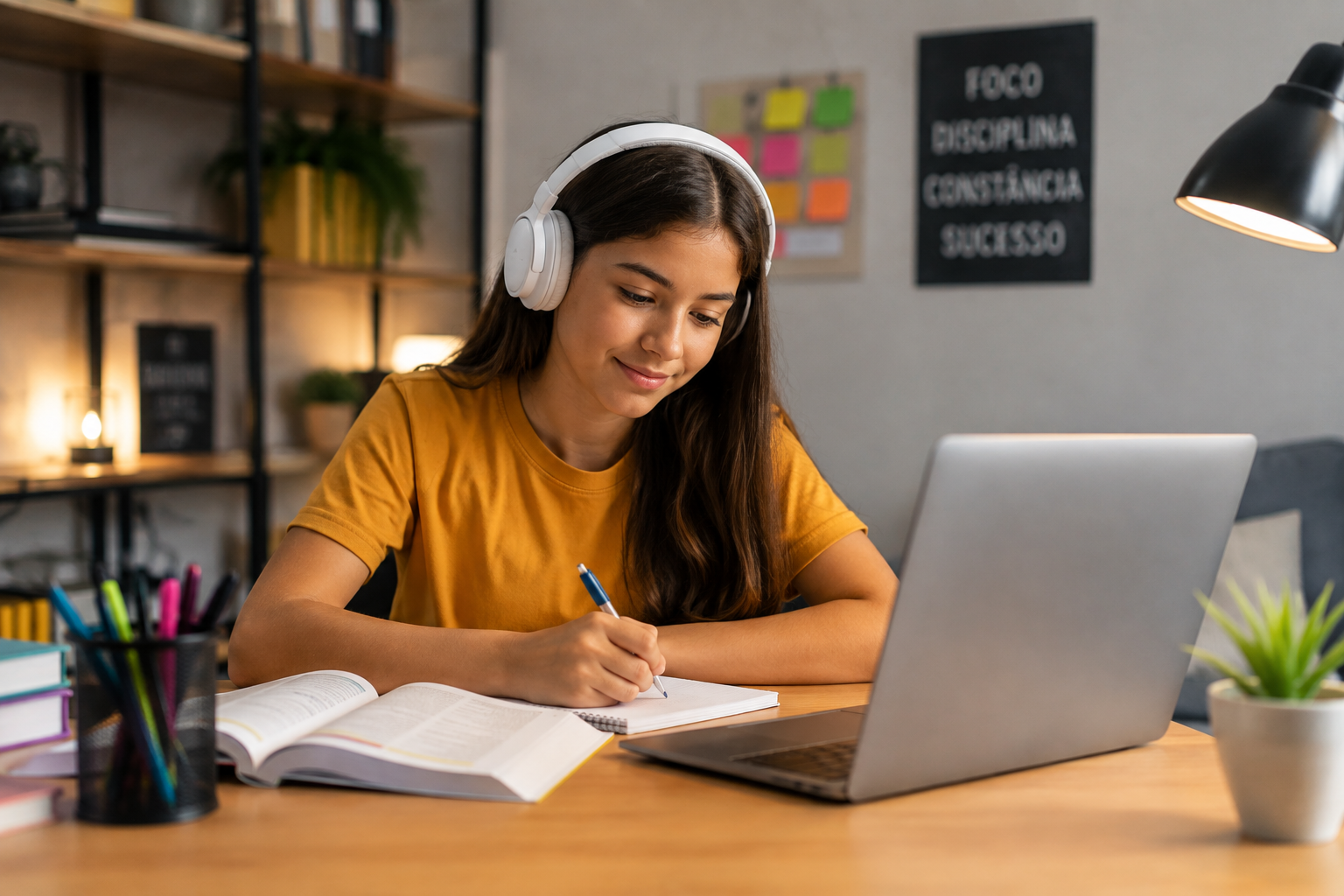 Aluna estudando com fones de ouvido, notebook e caderno